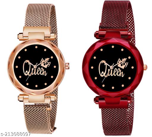 Analogue Studded Stylish Queen Black Dial Magnet Watch with Gift Bracelet for Women or Girls and Watch for Girl or Women (Combo of 2)