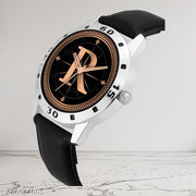 Welix Analog Round Black Dial ALPHABET R Design Stylish Black Leather Strap Classic Design Fancy Wrist Watch for Men and Boys, Pack of 1 - ALPHA-R-AVO-SIL-BLK-L