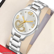 HRV Gold Double Heart Dial Metal Silver Belt Girls watch