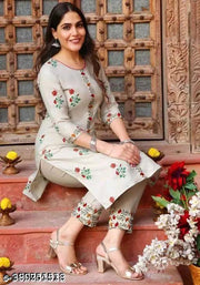 Cotton Kurtis Embroidery Women's Printed Pattern Cotton Kurti with Pant kurta set (Grey)