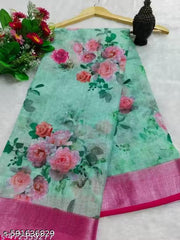 New Letest Look digitel printed cotton linen Saree For Women For Wedding Evergreen