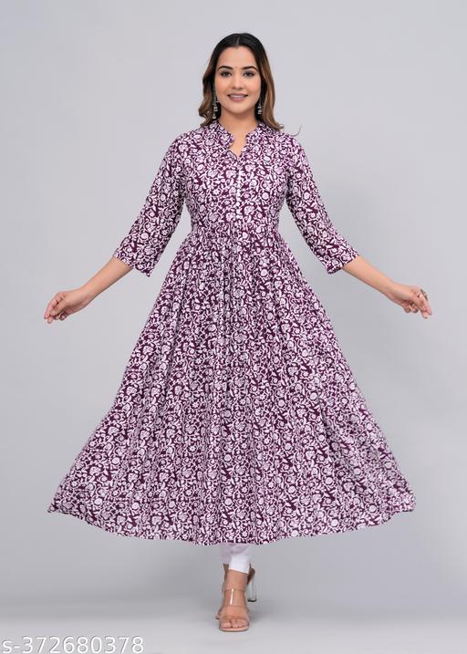 SANGANERI KURTI Women Rayon Anarkali Latest Gaithering Kurti Chinkenkari Anarkali Jaipuri