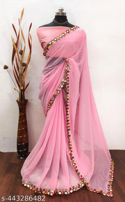 Women party wear multicolor mirror work saree in pink
