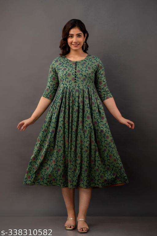 Women Rayon Printed Long Flared Anarkali Kurtis