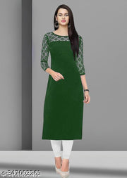 Polyster/Crepe fabric-Casual And Round-Neck 3/4 Length Sleeves Dark Green Kurti (45"Inches)