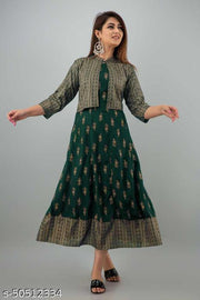 Women Printed A-line Kurti with Jacket  (Green)
