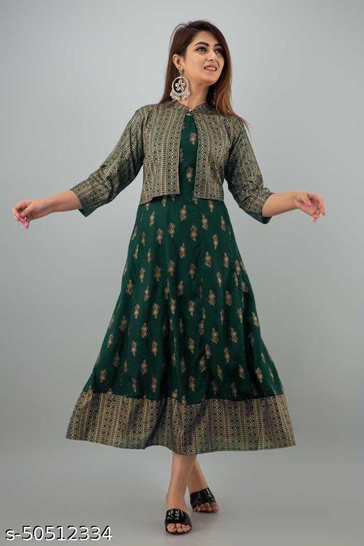 Women Printed A-line Kurti with Jacket  (Green)