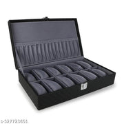 Faux Leather Watch Box Organizer Case For Unisex With 12 Slots For Watches In Black And Grey Color