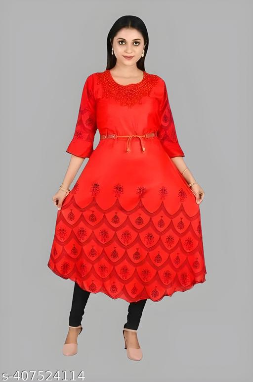 Women Cute Fashionable Festive  Stylish Embroidered Long Sleeves & Round Neck Kurti