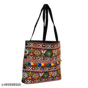 DNOTRO Royal Looking Cotton Traditional Ethnic Rajasthani Jaipuri Embroidered Handbag, Black-Yellow for Girls Women