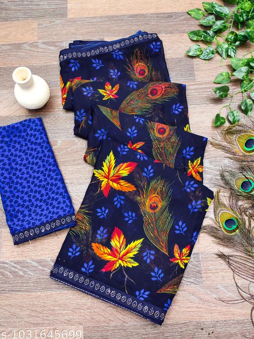 Women's Daily Wear Floral Printed Georgette Saree with Embellished Lace Border & Unstitched Blouse Piece