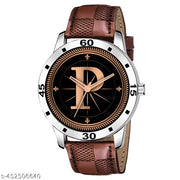 Gadgets WorldAnalog Round Black Dial ALPHABET P Design Stylish Brown Leather Strap Classic Design Fancy Wrist Watch for Men and Boys, Pack of 1 - ALPHA-P-AVO-SIL-BRW-CHL -1