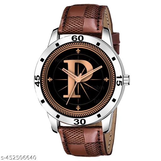 Gadgets WorldAnalog Round Black Dial ALPHABET P Design Stylish Brown Leather Strap Classic Design Fancy Wrist Watch for Men and Boys, Pack of 1 - ALPHA-P-AVO-SIL-BRW-CHL -1