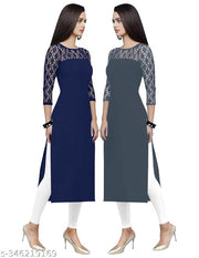 Pack of 1 Casual American Crepe And Net Round-Neck 3/4 Length Sleeves Navy Blue & Grey Kurti (45"Inches)
