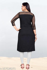 Casual American Crepe And Net Round-Neck 3/4 Length Sleeves Black Kurti (42"Inches)