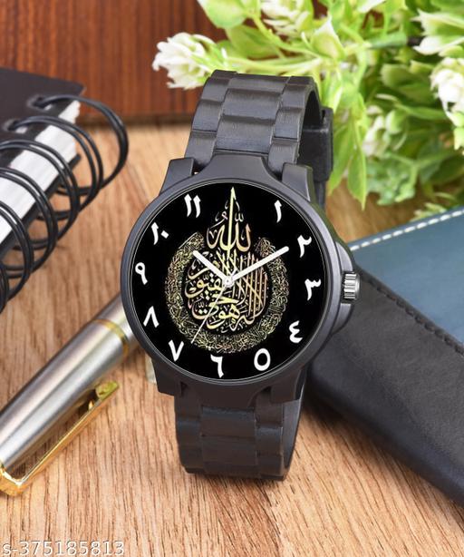 3KAN CASE ISLAMIC AYATULKURSI Design08 Round Black Dial Black Silicone Strap