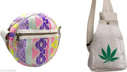 Multicolor Printed Round Sling Bag for Women & Girls | Cream Canvas Crossbody Shoulder Bag with Green Leaf Print | Stylish Travel College Casual Everyday Handbag