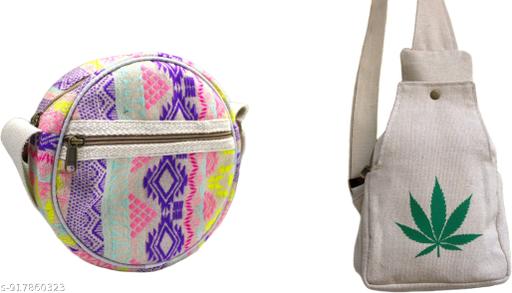 Multicolor Printed Round Sling Bag for Women & Girls | Cream Canvas Crossbody Shoulder Bag with Green Leaf Print | Stylish Travel College Casual Everyday Handbag