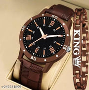 King Bracelt and Luxury Black lather Designer Watch Combo King Bracelet Designer Lather Strap Stylish Sport Look Boys watch for men Analog Watch - For Men"