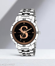 Gadgets WorldAnalog Round Black Dial ALPHABET S Design Stylish Silver Stainless Steel Strap Classic Design Fancy Wrist Watch for Men and Boys, Pack of 1 - ALPHA-S-AVO-SIL-STL -1