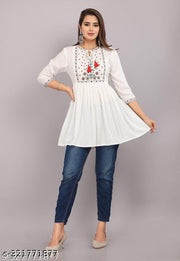 Women Rayon Emb Stylish Sky Blue Top & Tunics, Frock_Top,Kurti_Top