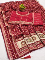 Women's Bandhani Printed Silk Box Embroidered Work Saree with Unstitched Blouse