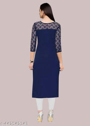 Casual American Crepe And Net Round-Neck 3/4 Length Sleeves Navy Blue Kurti (45"Inches)