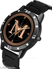 Natrix Analog Round Black Dial ALPHABET M Design Stylish Black Silicone Strap Classic Design Fancy Wrist Watch for Men and Boys, Pack of 1 - ALPHA-M-AVO-BLK-CDBLK