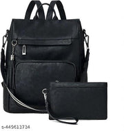 Fashion Backpack Set for Women Girls, Backpack Purse for Women Satchel Handbags Large Capacity Travel Vintage PU Leather Shoulder Bag Black