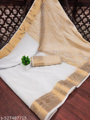 Top trending latest party wear / wedding Women's Jacquard Rapier Weaving White Cotton Silk Saree with Gold Zari Border & Rich Pallu | Traditional Festive Wear Saree