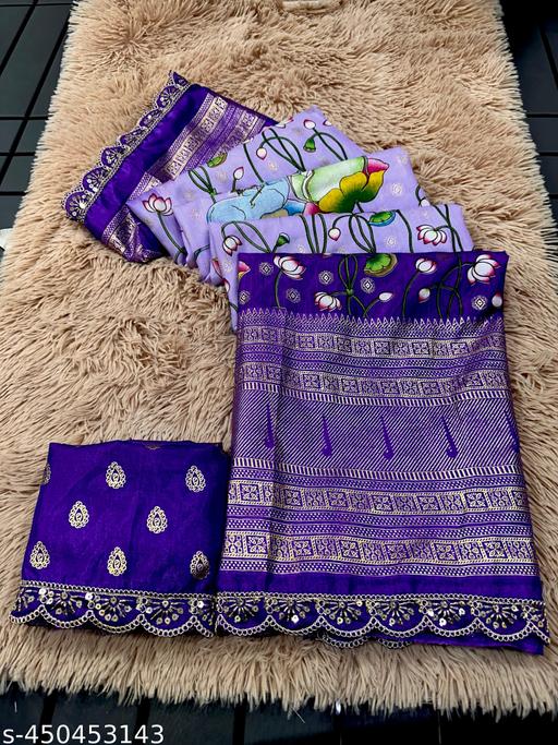 Beautifull Soft Premium Quality Dola Silk Sarees With Patola Design With Foil Print Munia Boder With Contrast Munia  Beautiful Prints Blouse...heavy embroidery work lace saree