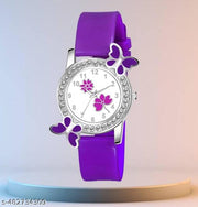 Purple PU Strap Watch with Diamond-Studded Flower Dial for Women & Girls