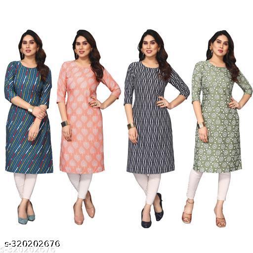 Polyster/Crepe fabric-Women Printed Straight Kurti Combo of 4