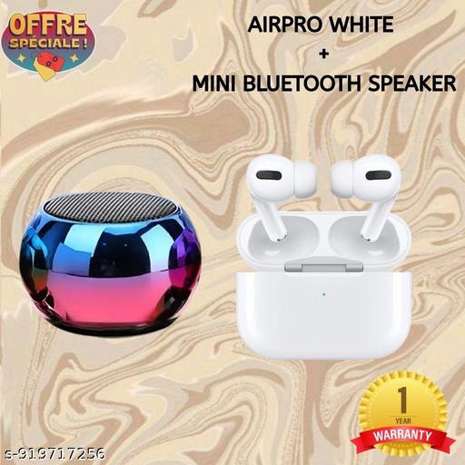 Airpro True Wireless Bluetooth Earphones with 30 Hours Playtime & Compatible for all Smartphones (White) + Mini Bluetooth Speaker Any Random Colour - COMBO