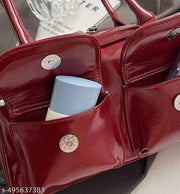 Maroon Double Pocket Decor Shoulder Bucket Bag With Pearl Keychain For Women