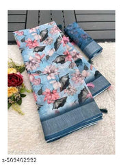 Linen Cotton Printed Saree Pure Linen Saree with Stylish Digital Print Saree