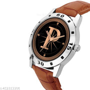 Skoal Analog Round Black Dial ALPHABET P Design Stylish Beige Leather Strap Classic Design Fancy Wrist Watch for Men and Boys, Pack of 1 - ALPHA-P-AVO-SIL-TAN-CRL