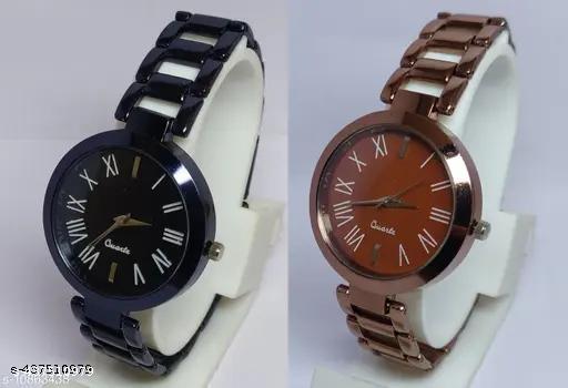 New Ethnic Solid Black Rosegold Metal Belt Analog Watches Combo for Women