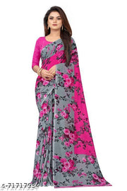 Pink Georgette Floral Print Sarees For Women.
