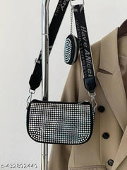 Rhinestone Latest Sling Bag With Coin Pouch Broad Belt  Pack of Combo Detachable Crossbody Wide Shoulder Strap Side Square Bling Bag Stylish Evening Clutch Trending Handbags Girls Latest Ladies Purse