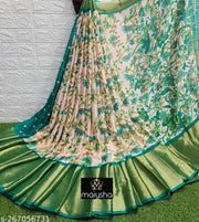 Brasso Moss Chiffon Kalamkari Floral Printed Saree With Contrass Blouse