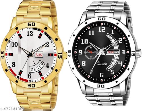 Day n Date Men Stylish Analog Latest Watches Combo - Set of 2 - GOLD-8-AND-SLV-1