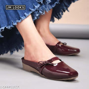 JM Looks Women's Glossy Patent Slip-On Mules with Bow Detail Flat Sandal Comfortable Cushion Footbed for Office Party & Casual Wear- Wine