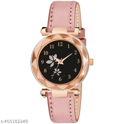 JACKSHOWSHOPE Analogue Double Flower Black Dial and Black Leather Strap Stylish Wrist Watch for Girl and Women