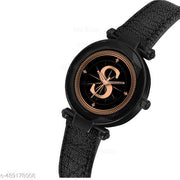 Krolexe Analog Round Black Dial ALPHABET S Design Stylish Black Leather Strap Classic Design Fancy Wrist Watch for Women and Girls, Pack of 1 - ALP-S-GEN-BK-BLK-CUTL