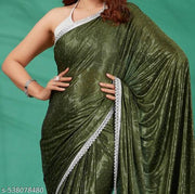 Stone Work Saree With Latkans And Blouse Piece Silk Blend Saree Mehendi Saree