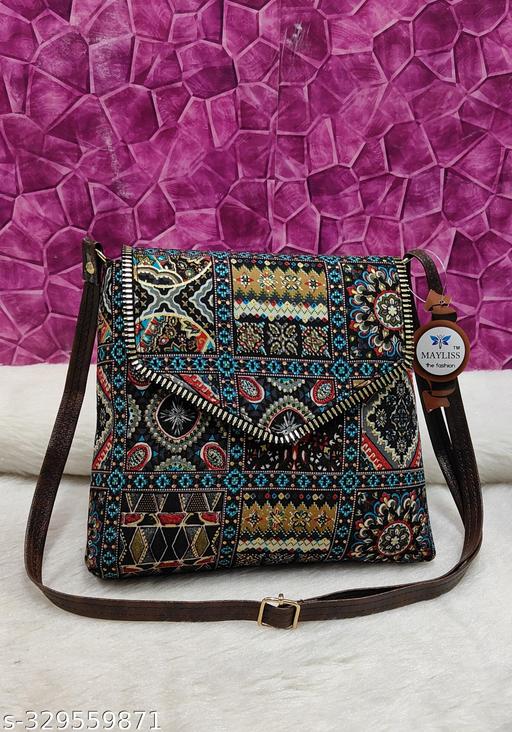 Attractive women black PU sling bags/Cotton Fabric sling bags for women/Full handwork bag/Party wear and wedding bag for women