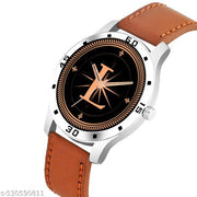 Femeo  Analog 9103 Watches Round Black Dial L Design Stylish Beige Leather Strap Classic Design Fancy Wrist Watch for Men and Boys, Pack of 1 - A07ZALPHA-L-AVO-SIL-TAN-PL