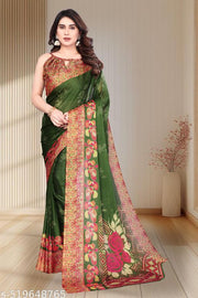 Elegant Green Floral Printed Saree with Designer Blouse