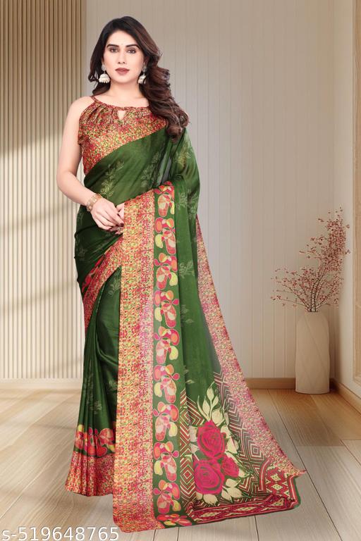 Elegant Green Floral Printed Saree with Designer Blouse